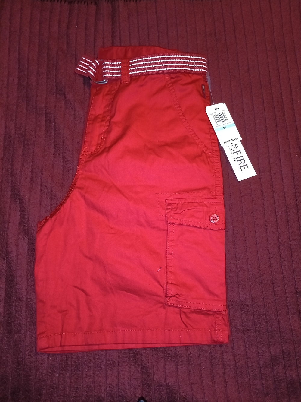 Ring of Fire Men’s Red Cargo Shorts with Striped Belt